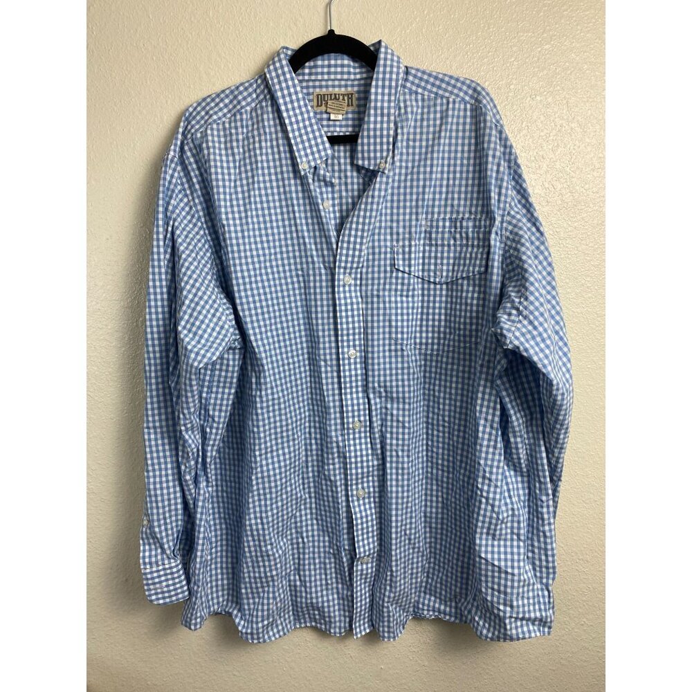 Duluth Trading Mens Blue Gingham Plaid Long‎ Sleeve button Up Shirt size 2XL